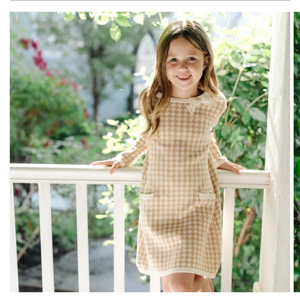 Charming Tan Houndstooth Kids Dress